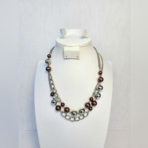 Stunning Silver and Brown Beaded Silver Tone Long Necklace